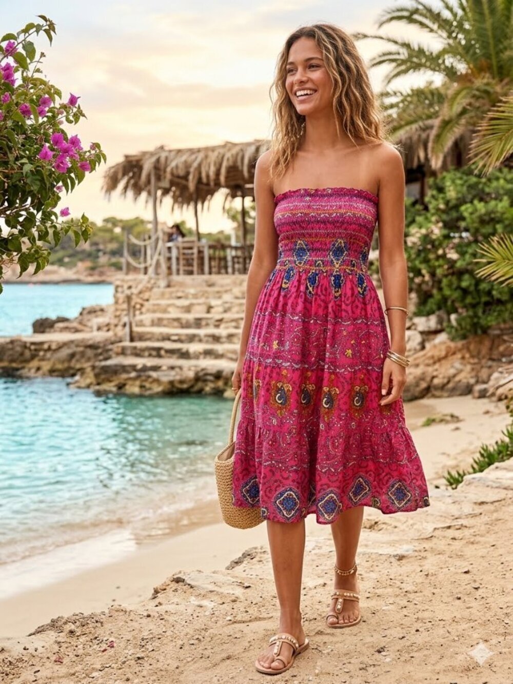 Raviya Women SZ S Pink Paisley Print Pull On Style Smocked Lined Tube Top Dress